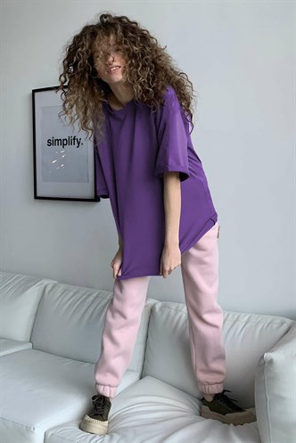 Mor Oversize Basic Kadın Tişört