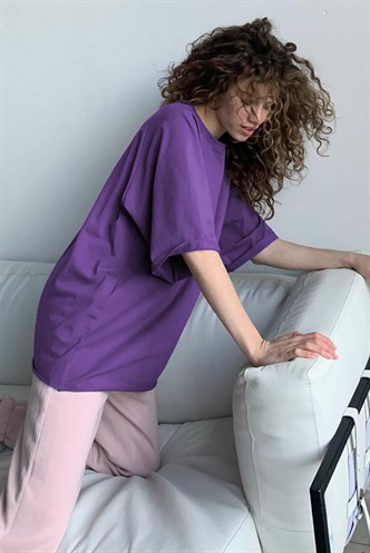 Mor Oversize Basic Kadın Tişört