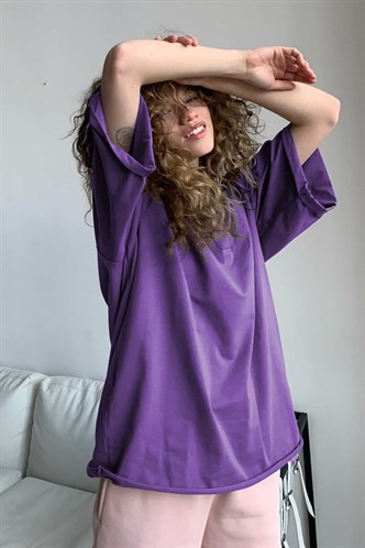 Mor Oversize Basic Kadın Tişört