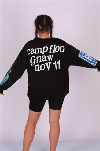 Mad Girls Printed Oversize Black Sweatshirt Mg1206