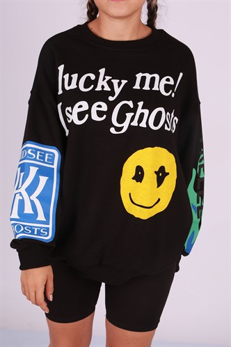 Mad Girls Printed Oversize Black Sweatshirt Mg1206