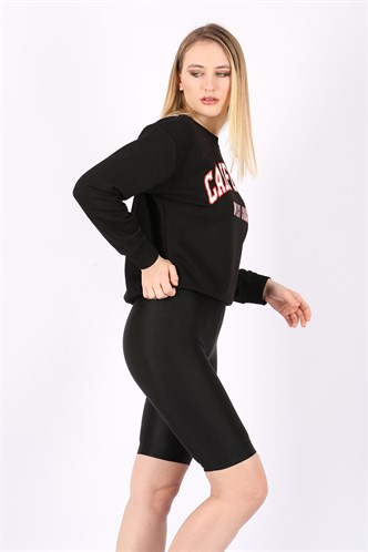 Mad Girls Siyah Bisiklet Yaka Kadın Sweatshirt MG789