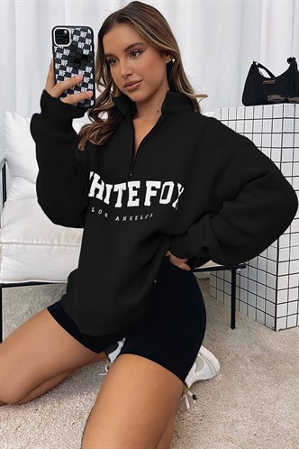 Siyah Fermuar Detaylı Baskılı Sweatshirt Mg1246