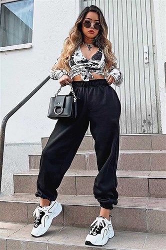 Mad Girls Oversize Elastic Cuffed Black Sweatpants MG324