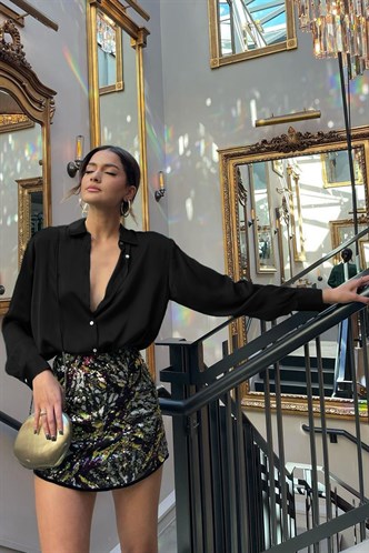 Siyah Basic Kadın Saten Gömlek MG1326