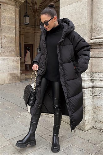 Mad Girls Koyu Siyah Uzun Şişme Mont MG1303