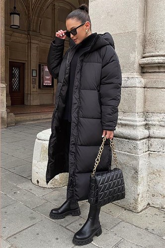 Mad Girls Koyu Siyah Uzun Şişme Mont MG1303