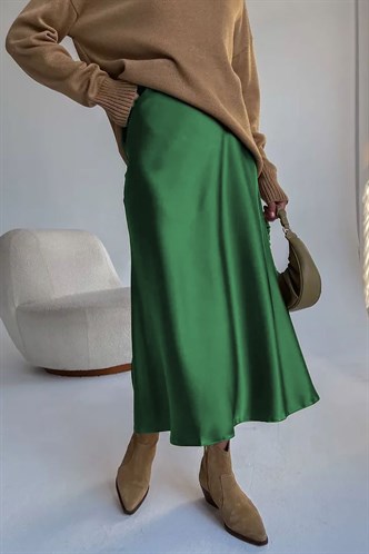 Green Basic Satin Long Skirt MG1409