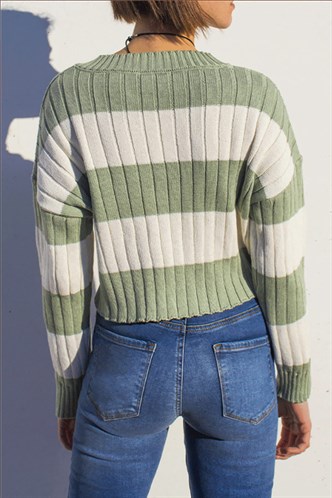 Yeşil V Yaka Çizgili Crop Kadın Kazak MG1441