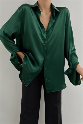 Mad Girls Zümrüt Yeşili Saten Gömlek MG1307