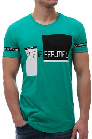 Madmext Baskılı Bisiklet Yaka Petrol Yeşili Tişört 2890
