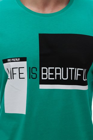 Madmext Baskılı Bisiklet Yaka Petrol Yeşili Tişört 2890