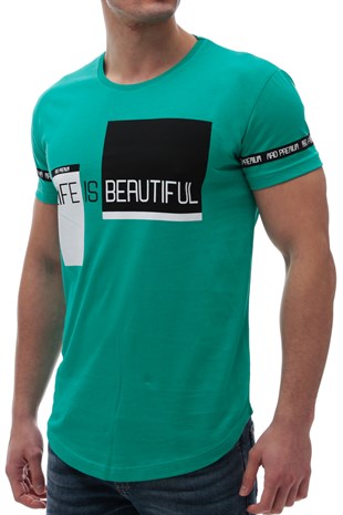 Madmext Baskılı Bisiklet Yaka Petrol Yeşili Tişört 2890