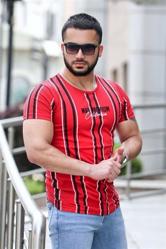 Madmext Baskılı Çizgi Detaylı Kırmızı Tişört Mad4048