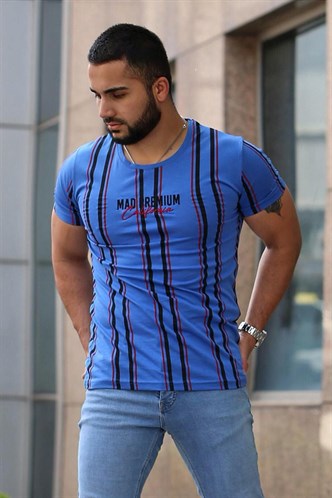Madmext Baskılı Çizgi Detaylı Saks Tişört Mad4048
