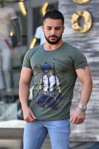 Madmext Baskılı Haki Tişört 4028