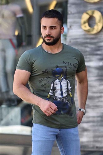 Madmext Baskılı Haki Tişört 4028