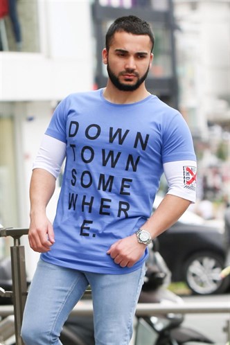 Madmext Baskılı Kol Detaylı Saks Tişört Mad4010