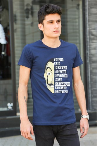 Madmext Baskılı Lacivert Tişört 4016