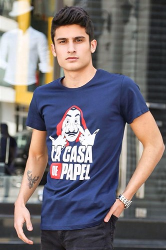 Madmext Baskılı Lacivert Tişört 4017