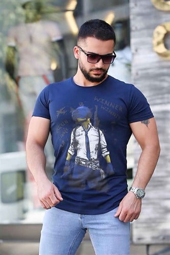Madmext Baskılı Lacivert Tişört 4028