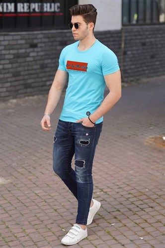 Madmext Baskılı Mavi Erkek Tişört 4589