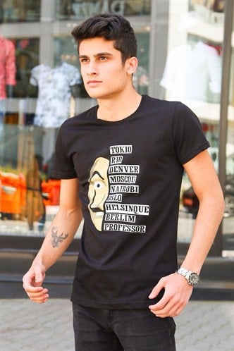 Madmext Baskılı Siyah Tişört 4016