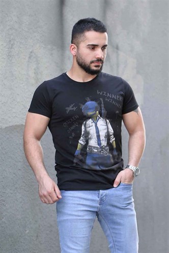 Madmext Baskılı Siyah Tişört 4028