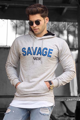 Madmext Basklı Gri Kapşonlu Sweatshirt 4147