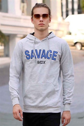 Madmext Basklı Gri Kapşonlu Sweatshirt 4147