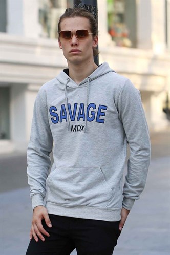 Madmext Basklı Gri Kapşonlu Sweatshirt 4147