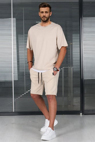 Madmext Bej Oversize Erkek Şort Takımı 5668