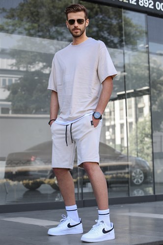 Madmext Bej Oversize Erkek Şort Takımı 5668
