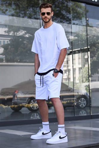 Madmext Beyaz Oversize  Erkek Şort Takımı 5668