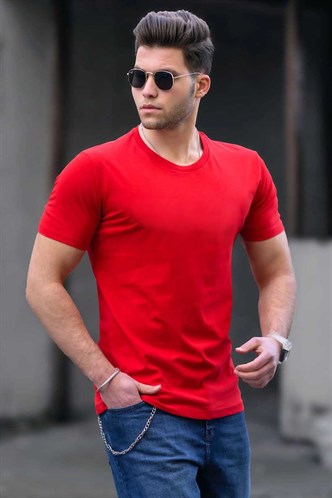 Madmext Men Crewneck Red Plain T-shirt 3006