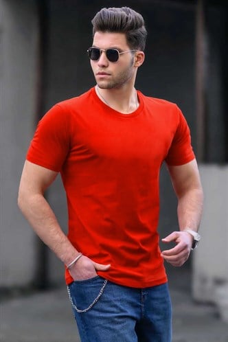 Madmext Bisiklet Yaka Basic Tişört Turuncu 3006