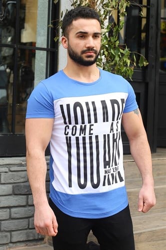 Madmext Bisiklet Yaka Baskılı Saks Tişört 3001