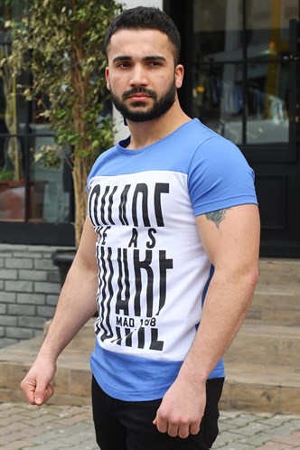 Madmext Bisiklet Yaka Baskılı Saks Tişört 3001