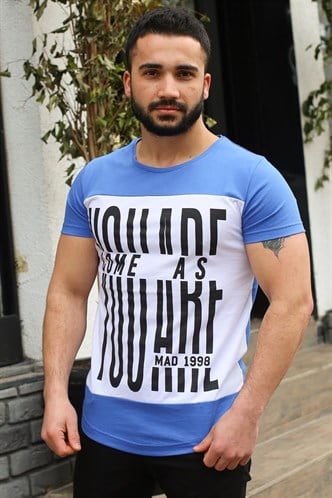 Madmext Bisiklet Yaka Baskılı Saks Tişört 3001