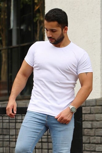 Madmext Bisiklet Yaka Beyaz Basic Tişört 4077