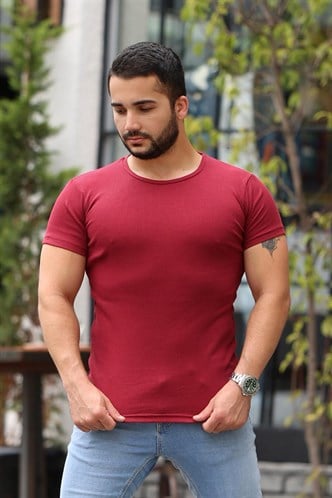 Madmext Bisiklet Yaka Bordo Basic Tişört 4077