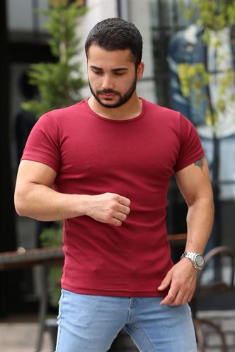 Madmext Bisiklet Yaka Bordo Basic Tişört 4077