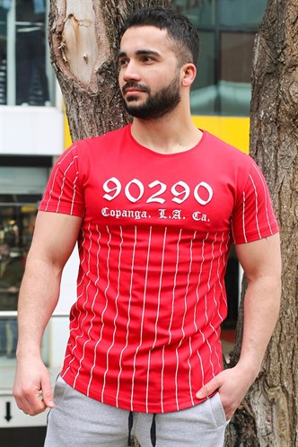 Madmext Bisiklet Yaka Çizgi Detaylı Kırmızı Tişört 2863