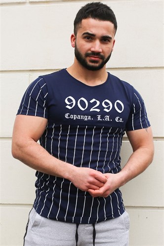 Madmext Bisiklet Yaka Çizgi Detaylı Lacivert Tişört 2863