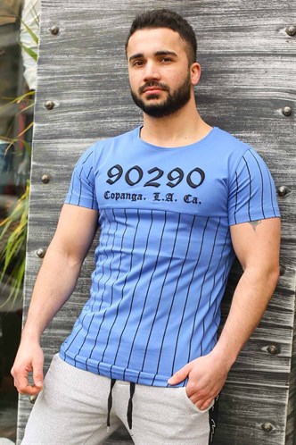 Madmext Bisiklet Yaka Çizgi Detaylı Mavi Tişört 2863