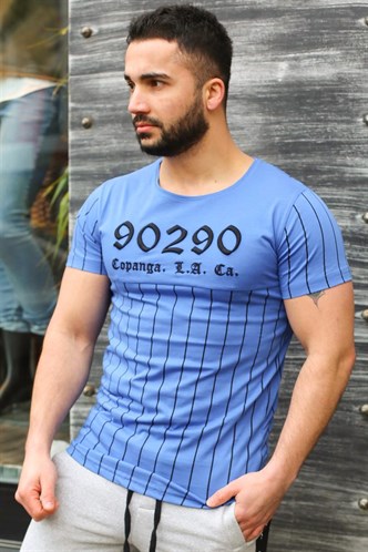 Madmext Bisiklet Yaka Çizgi Detaylı Mavi Tişört 2863