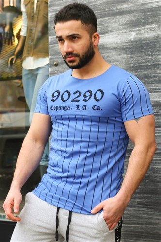 Madmext Bisiklet Yaka Çizgi Detaylı Mavi Tişört 2863