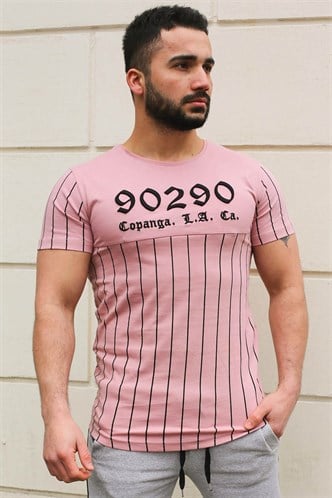 Madmext Bisiklet Yaka Çizgi Detaylı Pudra Tişört 2863