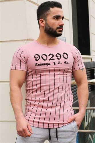 Madmext Bisiklet Yaka Çizgi Detaylı Pudra Tişört 2863