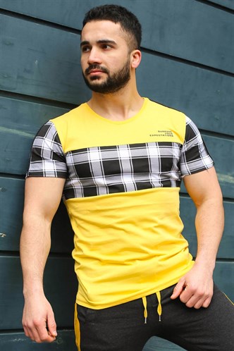 Madmext Bisiklet Yaka Ekoseli Sarı Tişört 3004